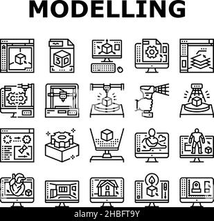 3D Modellierungssoftware und Gerätesymbole setzen Vektor Stock Vektor