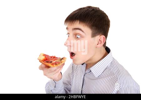 Überrascht Teenager mit Pizza isoliert auf dem weißen Hintergrund Stockfoto