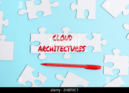 Inspiration mit Zeichen Cloud Architectures. Geschäftsansatz verschiedene Engineered-Datenbanken Software-Anwendungen Erstellen eines unvollendeten White Stockfoto