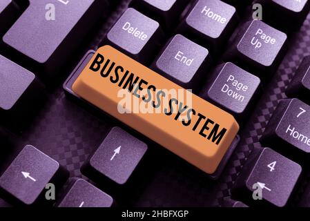 Textunterschrift mit Darstellung des Geschäftssystems. Konzept bedeutet Eine Methode zur Analyse der Informationen von Organisationen, die sich mit Online-Freunden verbinden, machen Stockfoto