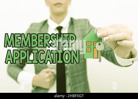 Text mit dem Einlass zur Mitgliedschaft. Business Approach Gateway für jedes Unternehmen, um zu prüfen, ob eine geeignete Planung für den Umzug in ein neues Zuhause möglich ist Stockfoto