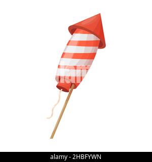 Feuerwerk-Rakete mit Streifen, Seil im Cartoon-Stil isoliert auf weißem Hintergrund. Feier-Element, explodierender Blütenblatt. Vektorgrafik Stock Vektor