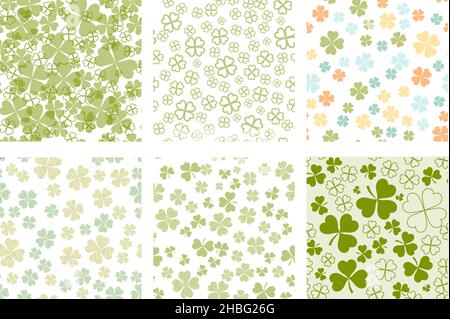 Set von abstrakten nahtlosen Muster mit grünen Schamrock Formen. St. Patricks Day Hintergrund. Flache Grafik Als Vektorgrafik Stock Vektor