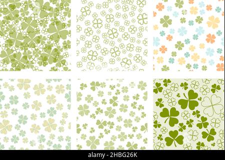 Set von abstrakten nahtlosen Muster mit grünen Schamrock Formen. St. Patricks Day Hintergrund. Flache Grafik Als Vektorgrafik Stock Vektor