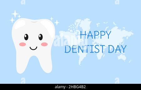 Poster zum Tag des Zahnarztes. Shiny niedlich Cartoon Zahn lächelnd. Professionelle Welt und nationaler Feiertag des Stomatologen. Text glücklicher Zahnarzttag auf blauem Backgro Stock Vektor