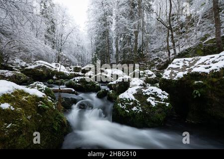 Ein Fluss fließt zwischen riesigen, mit Moos und Schnee bedeckten Felsen im Wald Stockfoto