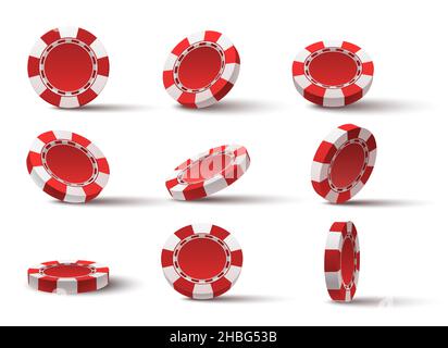 Realistische 3D fliegende rote Casino Poker Spielchips. Glücksspiel Plastikmünzen. Jackpot-Chip-Token für Roulette. Vegas Pokerchips Flip-Vektor-Set Stock Vektor