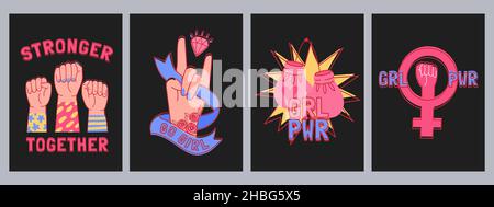 Girl Power T-Shirt-Prints mit Fäusten und feministischen Slogans. Mode Kleidung Design weibliche Zitate. Feminismus, Frauen Rechte Plakate Vektor-Set Stock Vektor