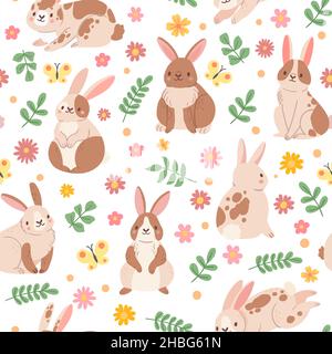 Niedliche Cartoon nahtlose Muster mit Kaninchen, Blume und Schmetterling. Frühling floralen Hintergrund mit osterhase. Kindliche Tiere Vektordruck Stock Vektor