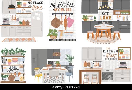 Poster mit gemütlichen Küchenräumen und Kochzitaten. Küchen Möbel, Schränke, Esstisch und Utensilien. Hygge-Kochset Stock Vektor