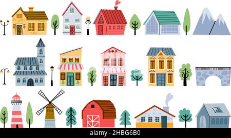 Niedliche kindliche Stadt- und Dorfgebäude, Häuser und Hütten. Cartoon Stadtarchitektur, Brücke, Windmühle, Bauernhof und Lichthaus Vektor-Set Stock Vektor