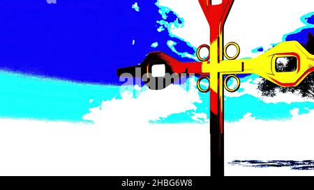 3D Abbildung - Metallkreuz mit Baum im Hintergrund Stockfoto