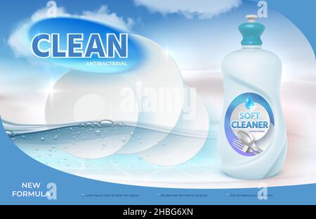 Poster mit realistischem Spülmittel und sauberem Teller. Flüssigseife Küchenreiniger Werbung mit Wasser und Blasen Vektor-Ad-Design Stock Vektor