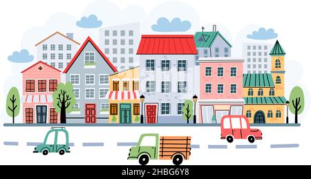 Kindliche Stadtstraßenlandschaft mit Häusern und Autos auf der Straße. Nette Stadt im skandinavischen Stil. Cartoon Dorf Gebäude Vektor Hintergrund Stock Vektor