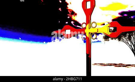 3D Abbildung - Metallkreuz mit Baum im Hintergrund Stockfoto