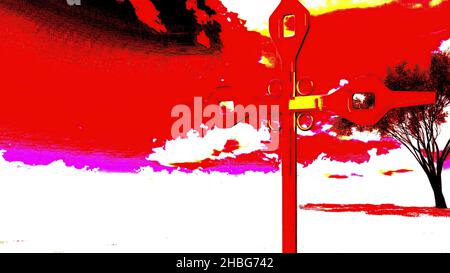 3D Abbildung - Metallkreuz mit Baum im Hintergrund Stockfoto