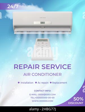 Promo-Flyer zur Reparatur von Klimaanlagen-Systemen. Werbeplakat mit realistischem Split-Schlag kaltem Wind, Schnee und Remote-Vektor-Vorlage Stock Vektor