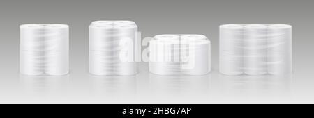 Realistische weiße Toilettenpapierrollen in Plastikpackung. Hygiene Reinigungstücher in transparenter Verpackung. Vektor-Set für weiche, saugfähige Handtücher Stock Vektor