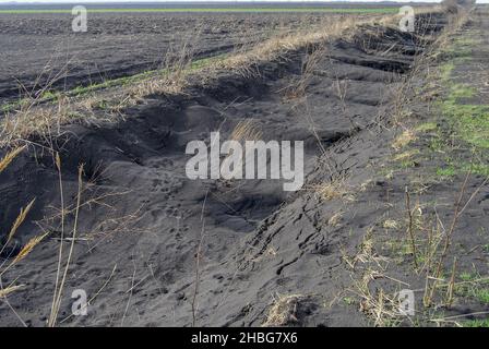 Ein heller Sommertag mit einem mit Sediment übersäten Bewässerungskanal Stockfoto