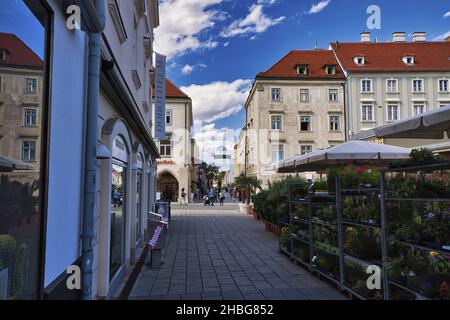 WIENER NEUSTADT, ÖSTERREICH - 27. Jul 2020: Blick über den Marienmarkt auf die Stadthäuser am Hauptplatz der österreichischen Innenstadt Stockfoto