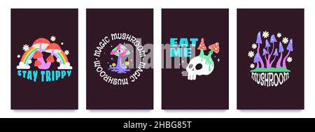 Psychedelisch groovige Pilze seltsame Neondrucke für T-Shirts. Zauberpilz, Schädel, Blume und Regenbogen. Trippy 70s Poster Design Vektor-Set Stock Vektor