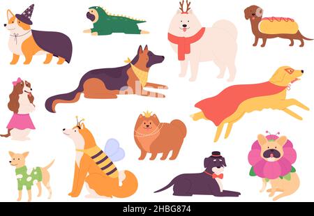 Cartoon lustige Rasse Hunde in niedlichen Maskerade Kleidung gekleidet. Superheldenhund. PET Welpen Figuren in Mode Kostüme, Bogen und Hut Vektor-Set Stock Vektor