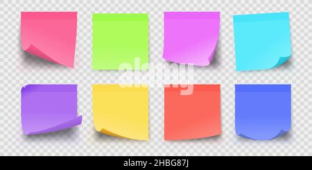 Realistische Erinnerungsnotizen aus Büropapier in Farben. Selbstklebende quadratische Notizseiten für wichtige Nachrichten. Sticker Post Notizblock Vektor-Set Stock Vektor
