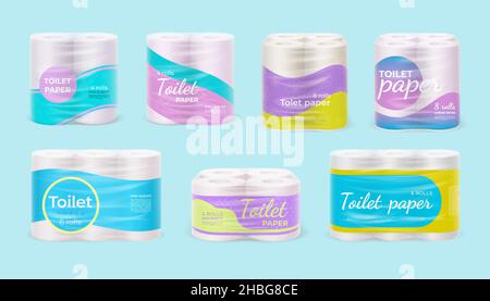 Realistische Toilettenpapierrolle Paket Designvorlagen. Plastikfolie für Weichteilrollen. Hygienepräparat Behälterpaket Modellierungsvektor-Set Stock Vektor