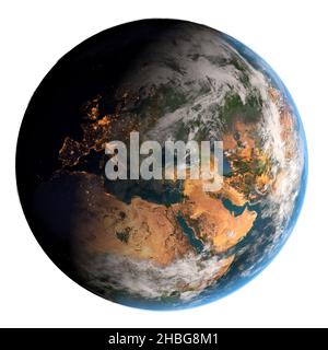 Eine digitale Illustration eines detailreichen, realistischen Planeten Erde aus dem jahr 3D mit Stadtlichtern auf der dunklen Seite Stockfoto