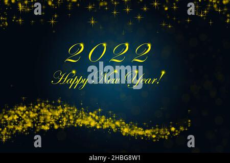 Frohes Neues Jahr 2022. Funkelnd brennende Zahlen Jahr 2022 mit Sternen und Bokeh auf blauem Hintergrund. Stockfoto