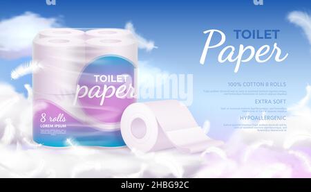 Werbebanner mit realistischem, weichem Toilettenpapier, Wolken und Federn. Hygiene Einweg Servietten Rollen in Kunststoff-Paket Vektor-Konzept Stock Vektor