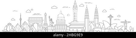 World travel Tour Line Konzept mit berühmtem Kulturdenkmal. Tourismus Reise Orte, Länder und Städte antike Denkmäler Vektorlandschaft Stock Vektor