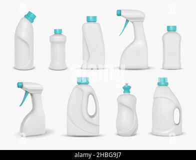 Realistische chemische Reinigungsprodukte, Waschmittelpackungen, Mockups. Haushaltsreiniger Pulver, Spray und Geschirr waschen in weißen Plastikflaschen Vektor-Set Stock Vektor