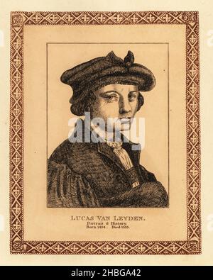 Lucas van Leyden, 1494-1533, niederländischer Geschichtsmaler, Porträtist und Grafiker in Gravur und Holzschnitt. Getönte Radierung innerhalb einer dekorativen Grenze von John Girtin nach einem Selbstporträt von van Leyden aus John Girtins fünfundsiebzig Porträts berühmter Maler aus authentischen Originalen, J. M’Creery, London, 1817. Stockfoto