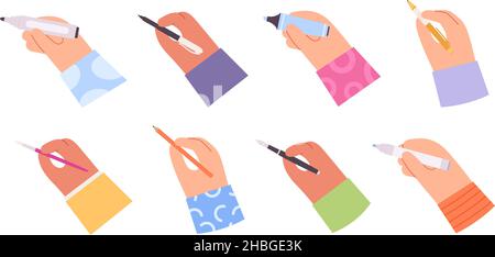 Cartoon Hand hält Stift, Bleistift, Pinsel, Marker und Textmarker. Menschen Hände Schreiben Gesten mit Arbeit oder Bildung Schreibwaren Vektor-Set Stock Vektor