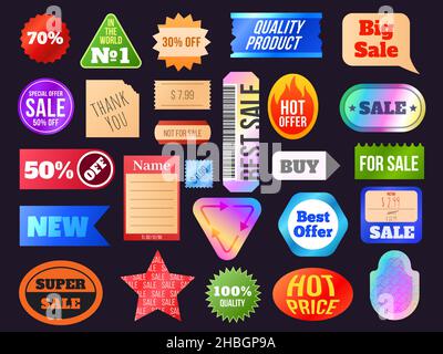 Retro Preis Hologramm Aufkleber und Verkauf Etiketten im 90s Stil. Vintage-Rabatt-Tags. Trendige geometrische Shop und Geschäft bieten Aufkleber Vektor-Set Stock Vektor