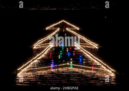 Der größte Weihnachtsbaum auf dem Wasser der Welt, beleuchtet während der Weihnachtszeit in Castiglione del Lago, Trasimeno See, Umbrien, Italien Stockfoto