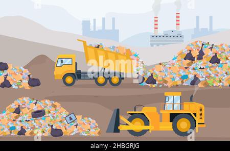 Deponielandschaft mit Müllhaufen, Bulldozer und Müllwagen. Verfahren zur Kunststoffverschmutzung und Abfallrecycling. Vector-Konzept für Müllabfuhr Stock Vektor