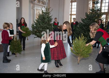 Die schwedische Prinzessin Madeleine, ihr Ehemann Chris O'Neill, Prinzessin Leonore, Prinzessin Adrienne und Prinz Nicolas erhalten am 20. Dezember 2021 Weihnachtsbäume im Königspalast in Stockholm, Schweden. Foto: Anders Wiklund / TT Code 10040 Stockfoto