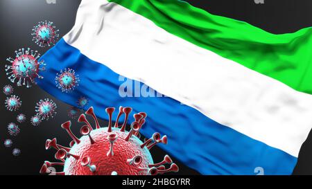 Sierra Leone und die kovidische Pandemie - Coronavirus greift die Nationalflagge von Sierra Leone an, um den Kampf, den Kampf und die Viruspräsenz in zu symbolisieren Stockfoto