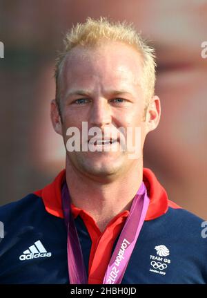 Alex Partridge Rowing Herren 8 Bronze-Medaillengewinnerin bei der BT London Live zur Feier der Olympischen Spiele im Hyde Park im Zentrum von London. Stockfoto