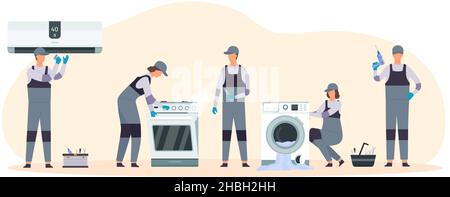 Flacher Handwerker Meister Gruppe reparieren defekte elektrische Geräte. Die Menschen reparieren Klimaanlage, owen und Waschmaschine, Vektor-Konzept Stock Vektor