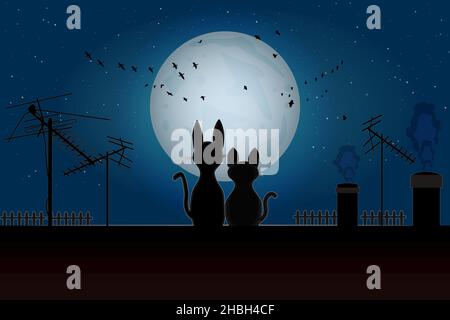 Paar Katzen sitzen auf dem Dach und schauen auf den Mond. Romantik Katzen Silhouette in Nacht und Vollmond. Zwei liebevolle Kitty auf Haus top. Valentinstag.Vektor Stock Vektor