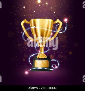 Realistische Goldene Trophäe mit blauem Licht in Bewegung und Funken Stock Vektor