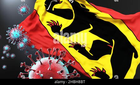 Kanton Bern und covid Pandemie - Virus Angriff auf eine Stadtflagge des Kantons Bern als Symbol für einen Kampf und Kampf mit der Virus-Pandemie in diesem Stockfoto