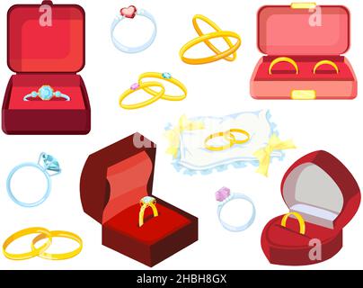 Cartoon Hochzeit oder Verlobungsringe in Geschenkschachteln und auf Kissen. Vorschlag Schmuckring mit Diamant. Ringe für Heiratszeremonie Vektor-Set Stock Vektor