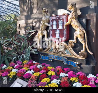 dh Duthie Park ABERDEEN SCOTLAND Bon Accord Leopardenwappen-Blumendarstellung im Garten der Wintergärten Stockfoto