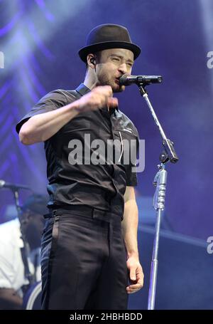 Justin Timberlake ist Schlagzeilen und spielt auf der Bühne beim Wireless Festival Day 1 im Olympia Park, Stratford im Osten Londons. Stockfoto