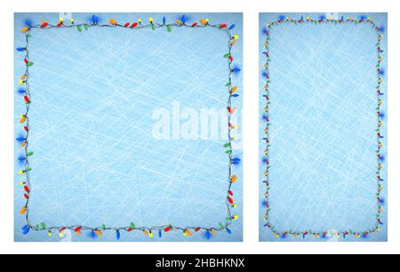 Blaue Hintergründe mit Kratzspuren auf Eis und Rahmen aus mehrfarbigen Weihnachtslichtern für Girlanden. Festlicher Winter frostiger Hintergrund. Vektor Stock Vektor