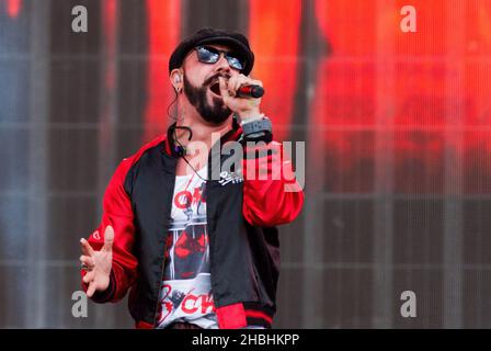 Alexander James McLean von Backstreet Boys tritt auf der Bühne des Barclaycard British Summer Time Festivals im Hyde Park, London, auf. Stockfoto